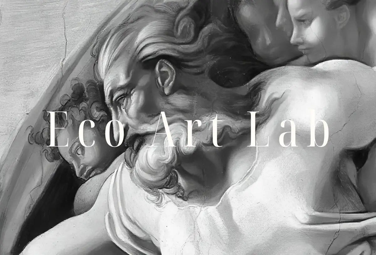 Detail view of artwork from Michelangelo The Creation of Adam Famous Painting Altered in Black & White. Printable Vintage Classic Painting Reproduction Downloadable Art. (variation 9)