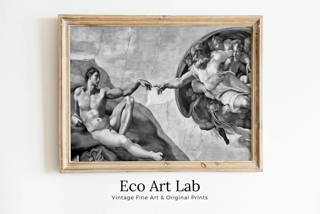 Framed view of Michelangelo The Creation of Adam Famous Painting Altered in Black & White. Printable Vintage Classic Painting Reproduction Downloadable Art – printable wall art digital download. (variation 2)