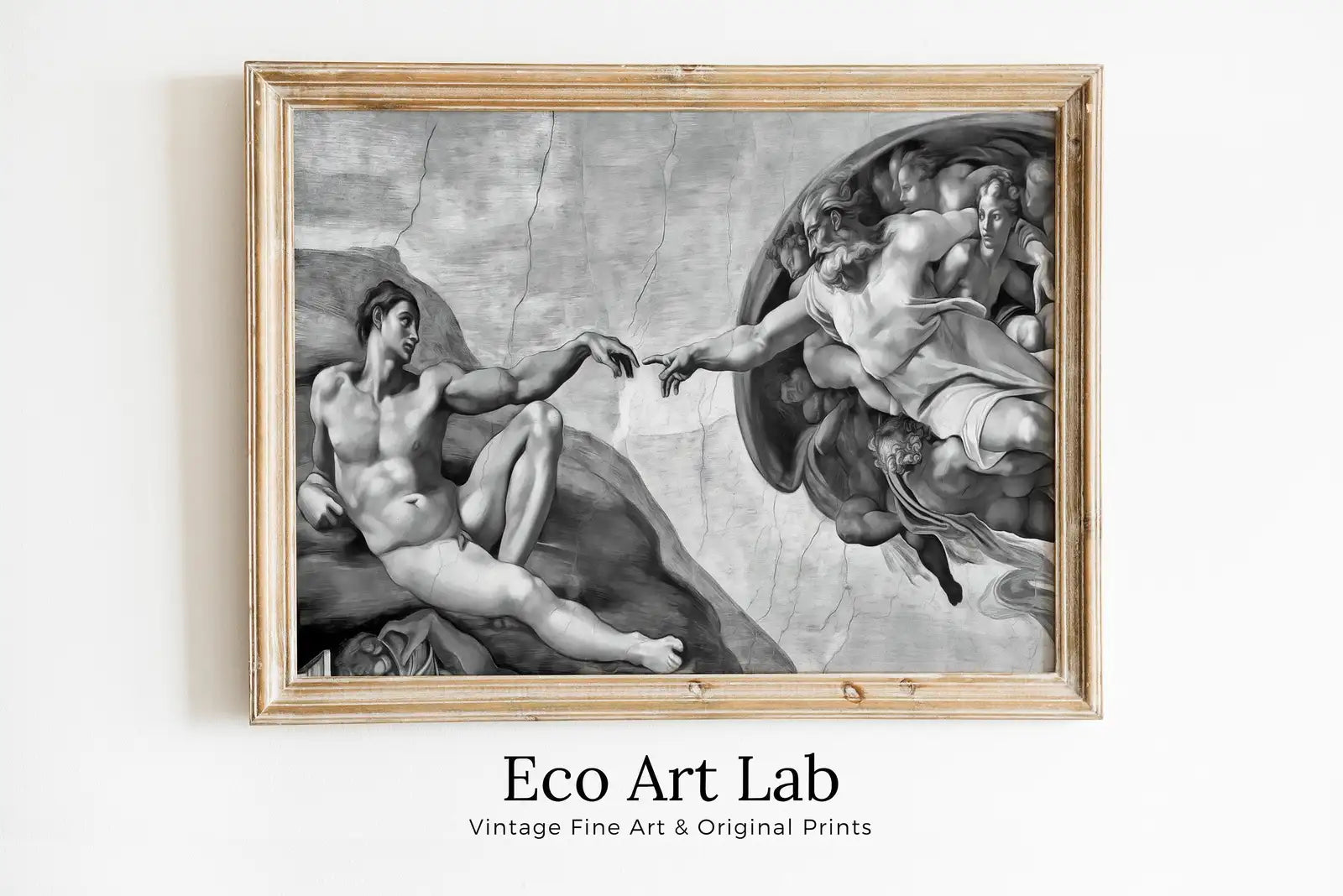 Framed view of Michelangelo The Creation of Adam Famous Painting Altered in Black & White. Printable Vintage Classic Painting Reproduction Downloadable Art – printable wall art digital download. (variation 2)