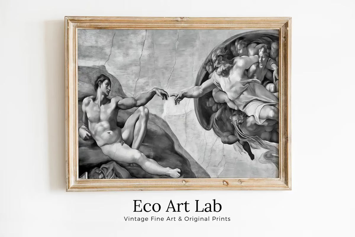 Michelangelo The Creation of Adam Famous Painting Altered in Black & White. Printable Vintage Classic Painting Reproduction Downloadable Art – Printable Wall Art