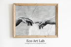 Framed view of Michelangelo The Creation of Adam Famous Painting Reaching Hands in Black & White. Printable Vintage Classic Painting Downloadable Art – printable wall art digital download.