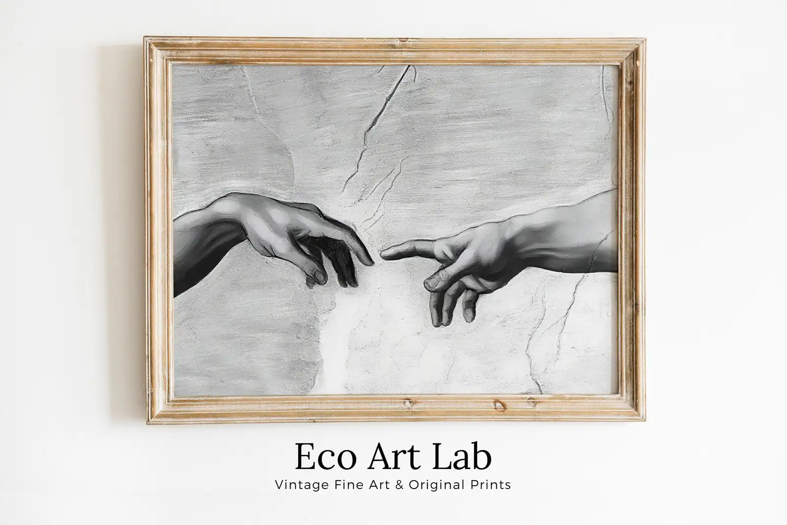 Framed view of Michelangelo The Creation of Adam Famous Painting Reaching Hands in Black & White. Printable Vintage Classic Painting Downloadable Art – printable wall art digital download.