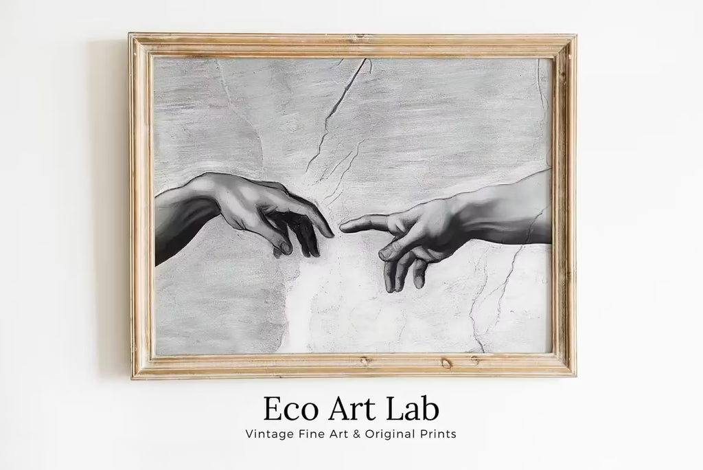 Michelangelo The Creation of Adam Famous Painting Reaching Hands in Black & White. Printable Vintage Classic Painting Downloadable Art – Printable Wall Art