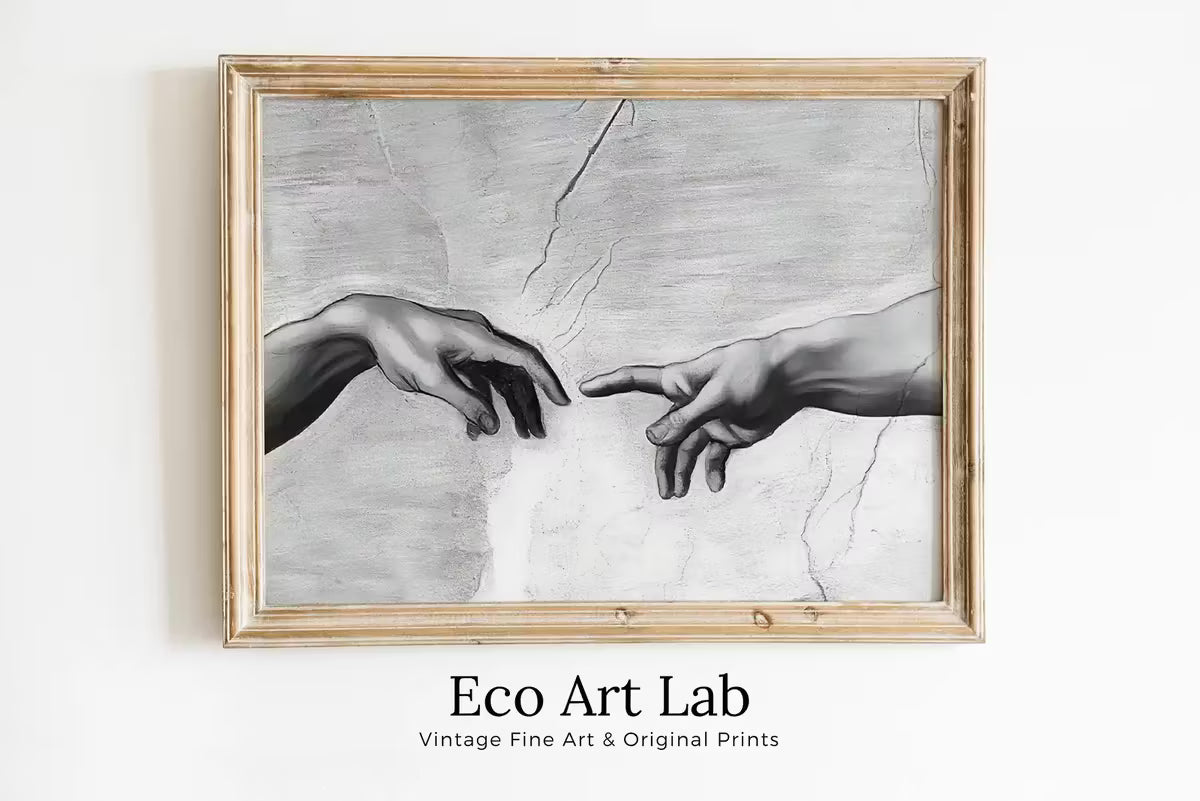 Michelangelo The Creation of Adam Famous Painting Reaching Hands in Black & White. Printable Vintage Classic Painting Downloadable Art – Printable Wall Art