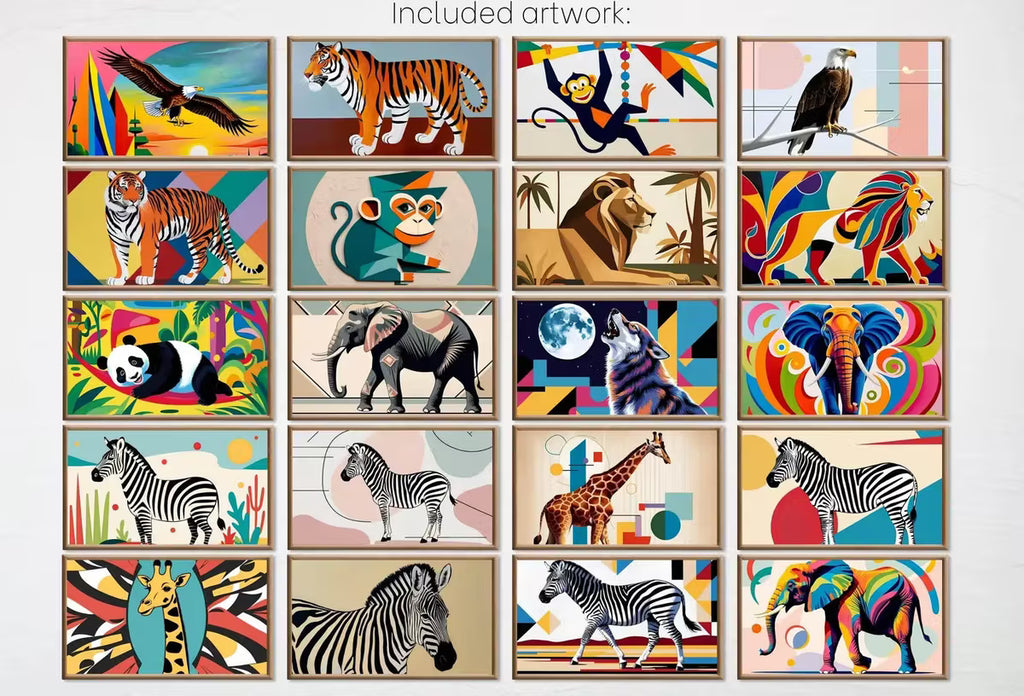 Mid Century Modern Jungle Wall Art for Samsung Frame TV – Animal Tv Art Set of 40 – Tiger, Monkey, Lion, Panther, Elephant, Snake Artwork – Frame TV Art Set