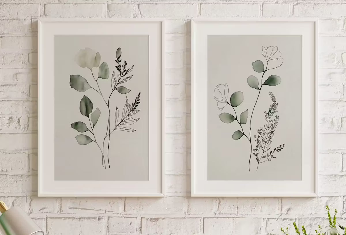 Minimal Boho Floral Prints. Botanical Prints Set of 2. Watercolor Sage Green Gallery Wall Art. Floral Printable Art Wild Flower Bouquet Art – Printable Wall Art Set
