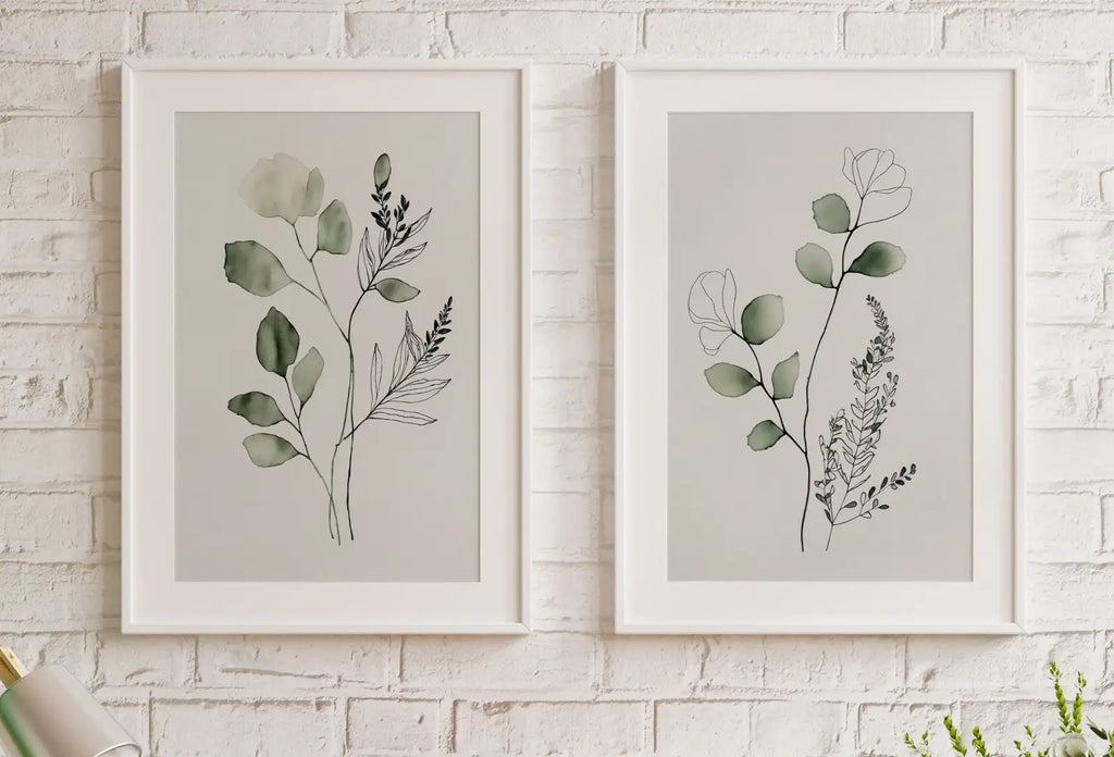Framed view of Minimal Boho Floral Prints. Botanical Prints Set of 2. Watercolor Sage Green Gallery Wall Art. Floral Printable Art Wild Flower Bouquet Art – printable wall art digital download.