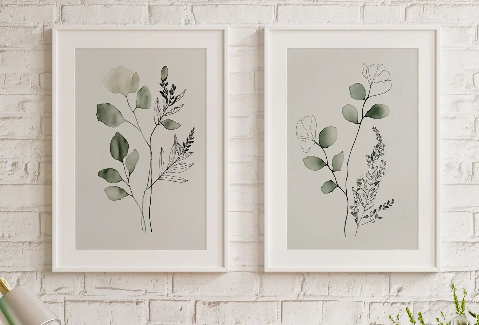 Impressions florales boho minimalistes. Ensemble de 2 impressions botaniques. Art de galerie murale à l’aquarelle en vert sauge. Art floral à imprimer, bouquet de fleurs sauvages.