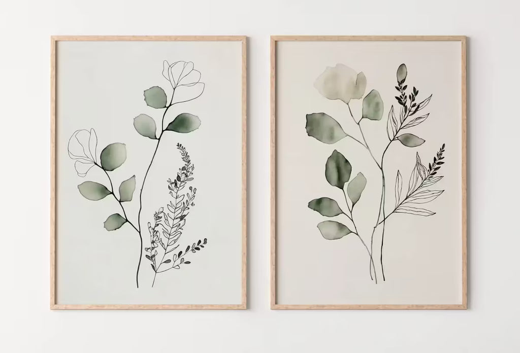 Minimal Boho Floral Prints. Botanical Prints Set of 2. Watercolor Sage Green Gallery Wall Art. Floral Printable Art Wild Flower Bouquet Art – Printable Wall Art Set