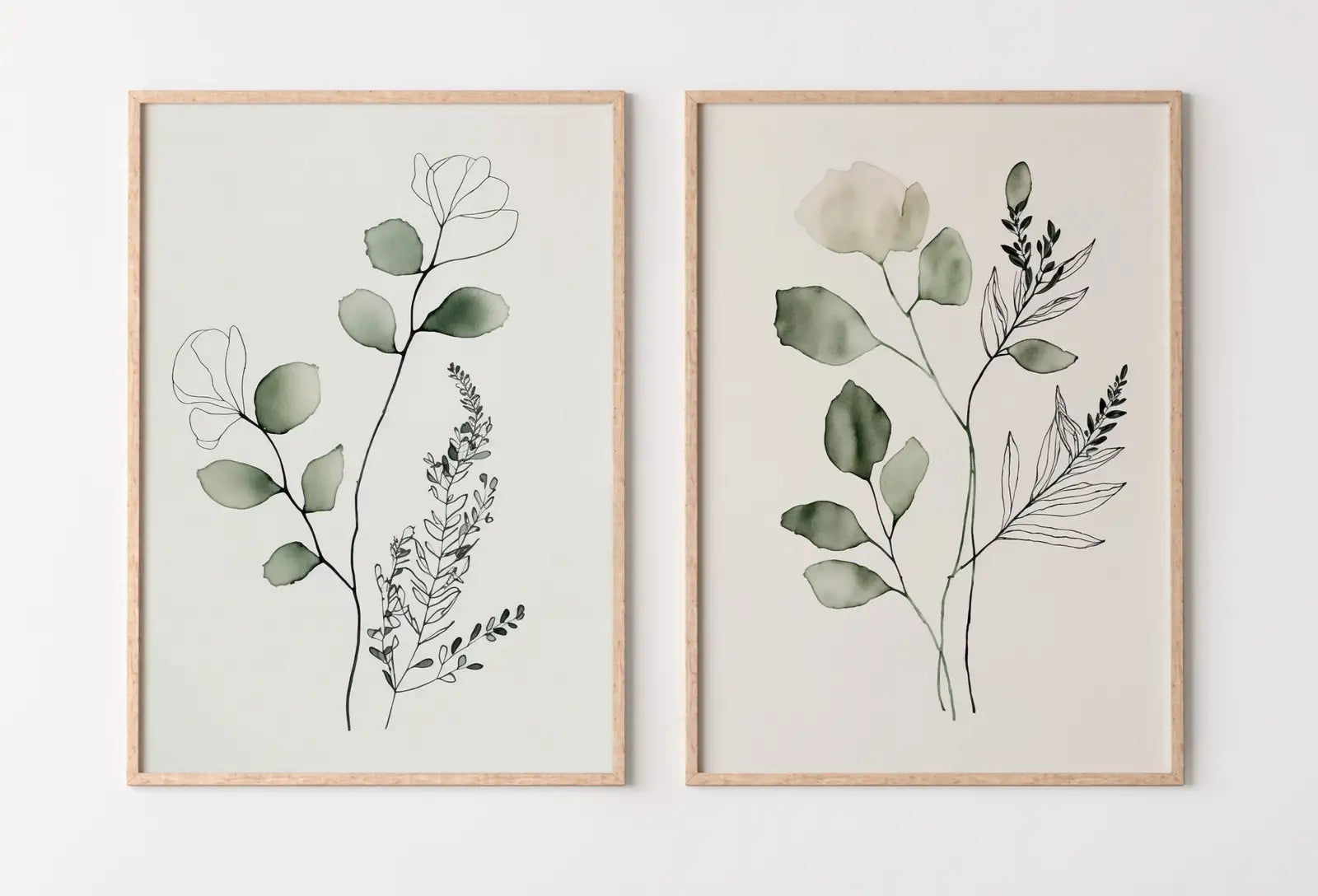 Impressions florales boho minimalistes. Ensemble de 2 impressions botaniques. Art de galerie murale à l’aquarelle en vert sauge. Art floral à imprimer, bouquet de fleurs sauvages.