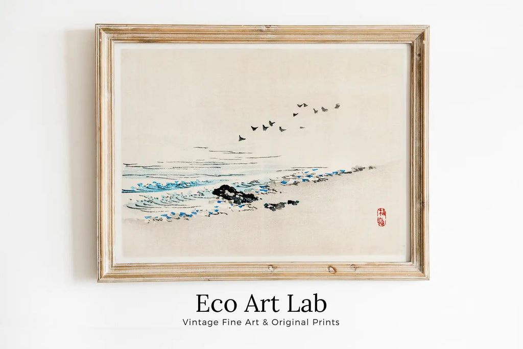Framed view of Minimalist Beach Vintage Japanese Painting Printable Wall Art. Instant Download Antique Japanese Art. 19th Century Japanese Vintage Wall Art – printable wall art digital download.