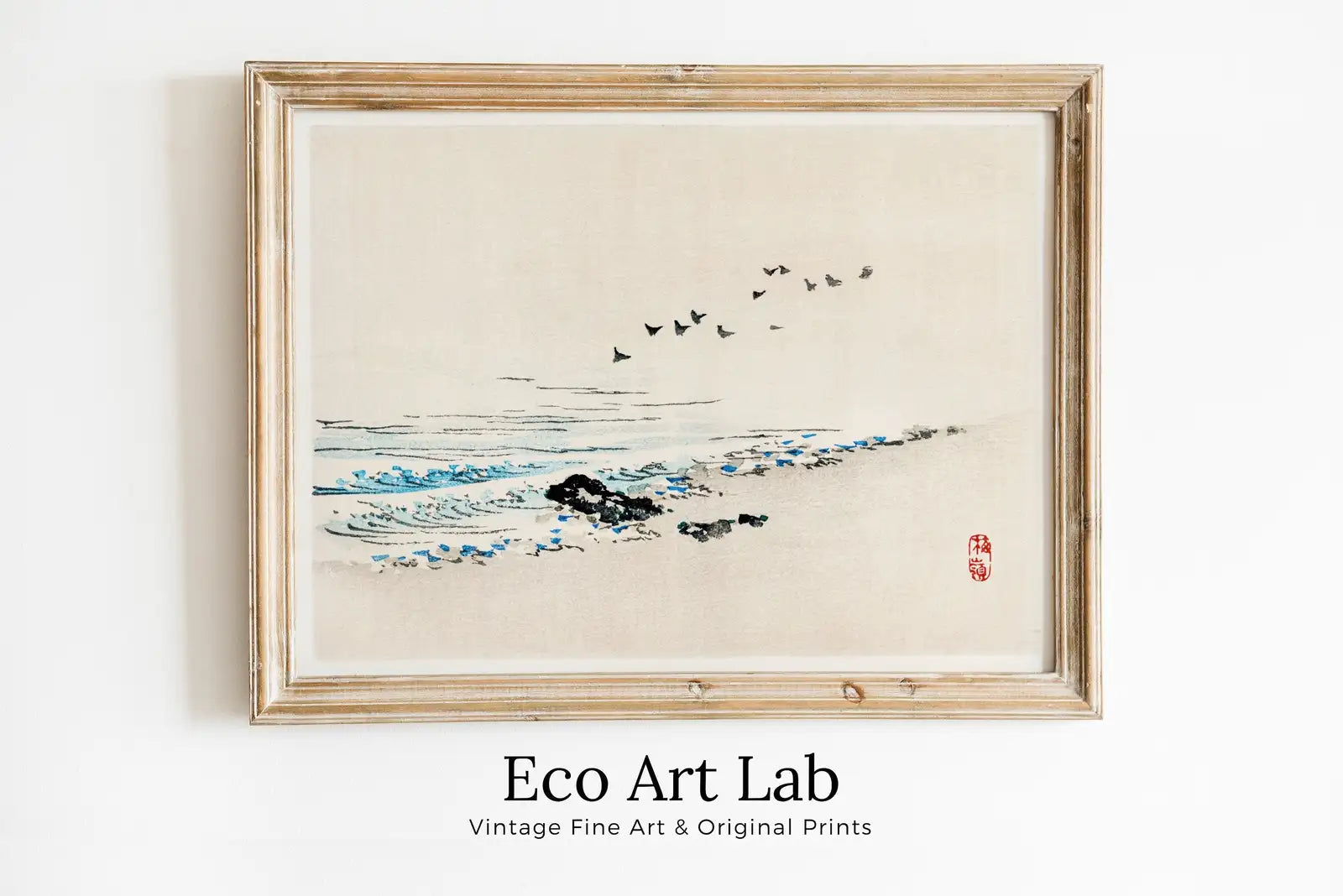 Framed view of Minimalist Beach Vintage Japanese Painting Printable Wall Art. Instant Download Antique Japanese Art. 19th Century Japanese Vintage Wall Art – printable wall art digital download.