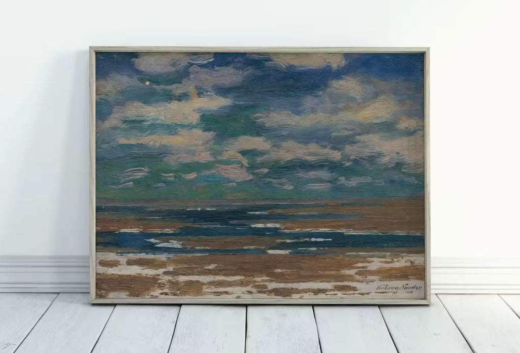 Minimalist Coastal Landscape Painting. Moody Printable Vintage Art. Seascape Painting. Coastal Wall Art. Ocean Painting with Spring Clouds – Printable Wall Art