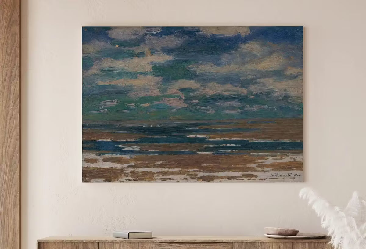 Minimalist Coastal Landscape Painting. Moody Printable Vintage Art. Seascape Painting. Coastal Wall Art. Ocean Painting with Spring Clouds – Printable Wall Art