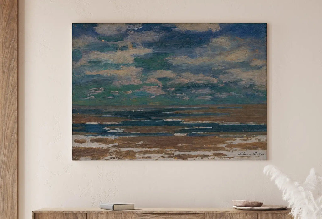 Detail view of artwork from Minimalist Coastal Landscape Painting. Moody Printable Vintage Art. Seascape Painting. Coastal Wall Art. Ocean Painting with Spring Clouds. (variation 1)
