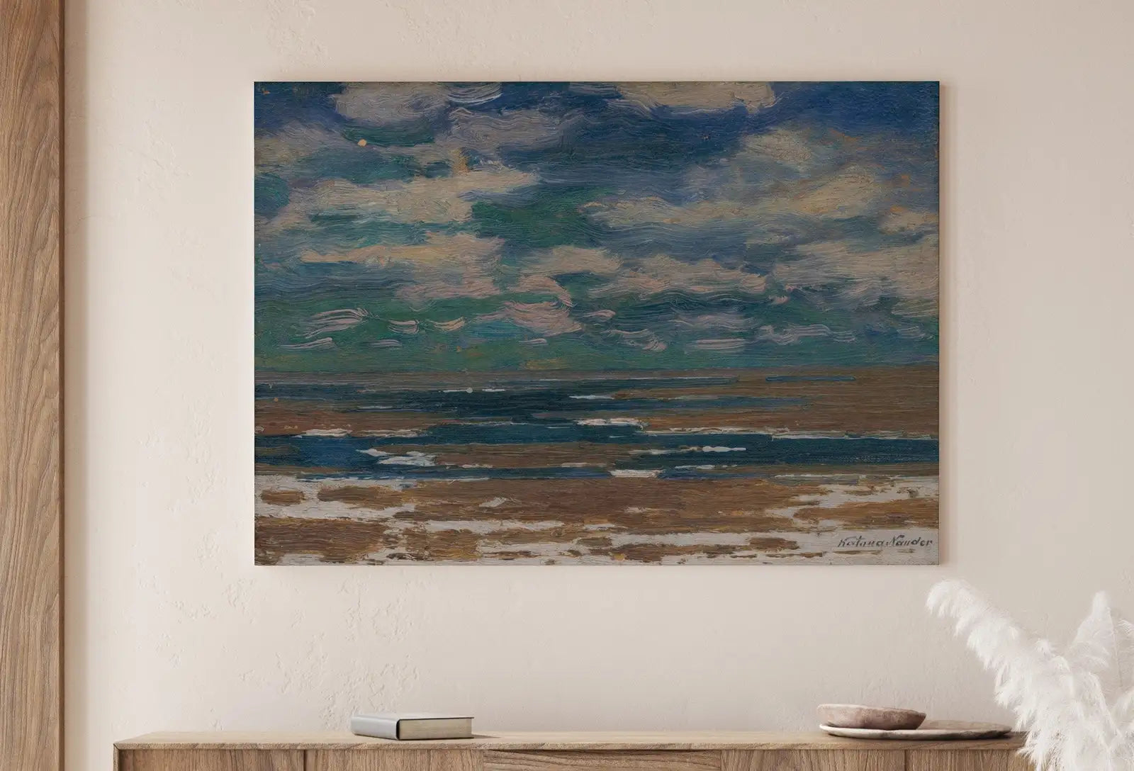 Detail view of artwork from Minimalist Coastal Landscape Painting. Moody Printable Vintage Art. Seascape Painting. Coastal Wall Art. Ocean Painting with Spring Clouds. (variation 1)