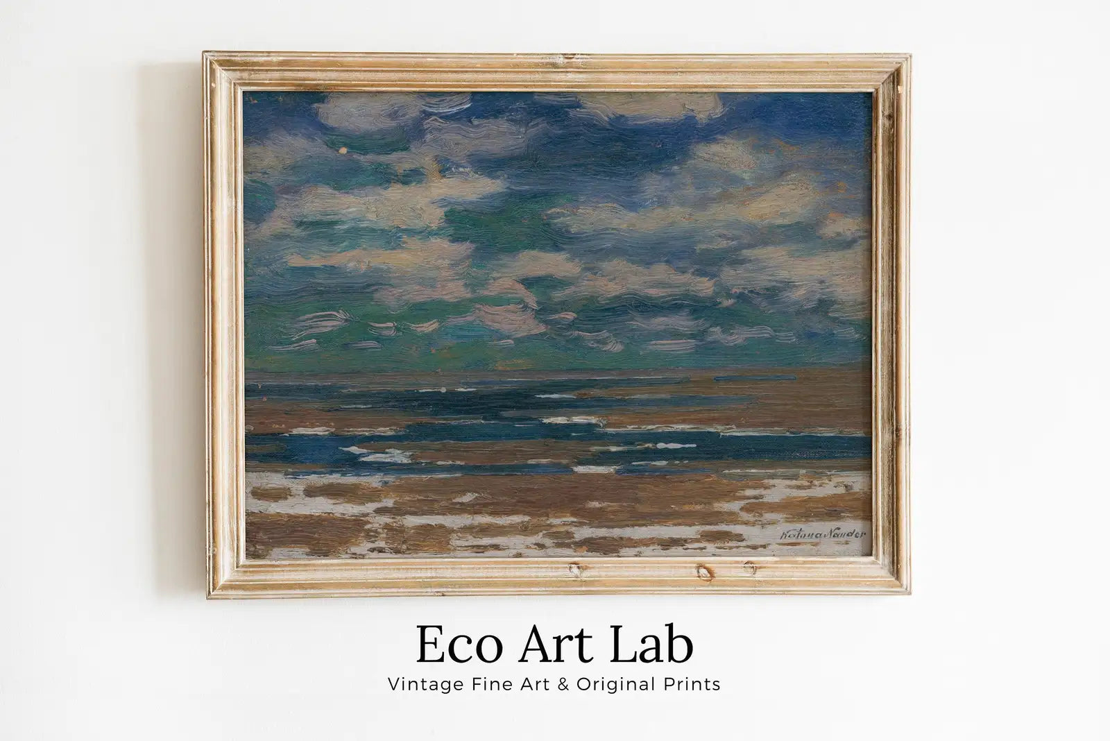 Framed view of Minimalist Coastal Landscape Painting. Moody Printable Vintage Art. Seascape Painting. Coastal Wall Art. Ocean Painting with Spring Clouds – printable wall art digital download.
