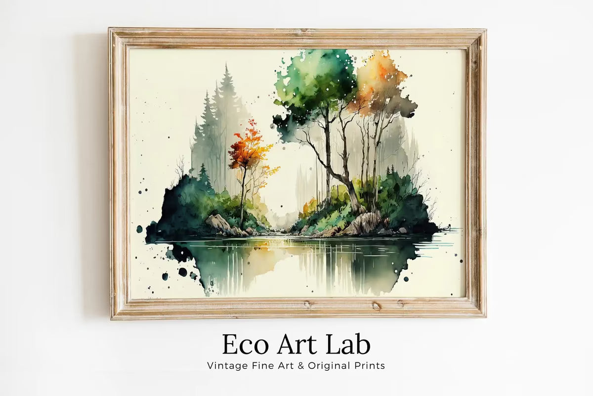 Minimalist Forest & River Landscape Printable. Green Forest Trees Watercolor Painting Print. Printable Wall Art. Digital Art. Nature Decor. – Printable Wall Art