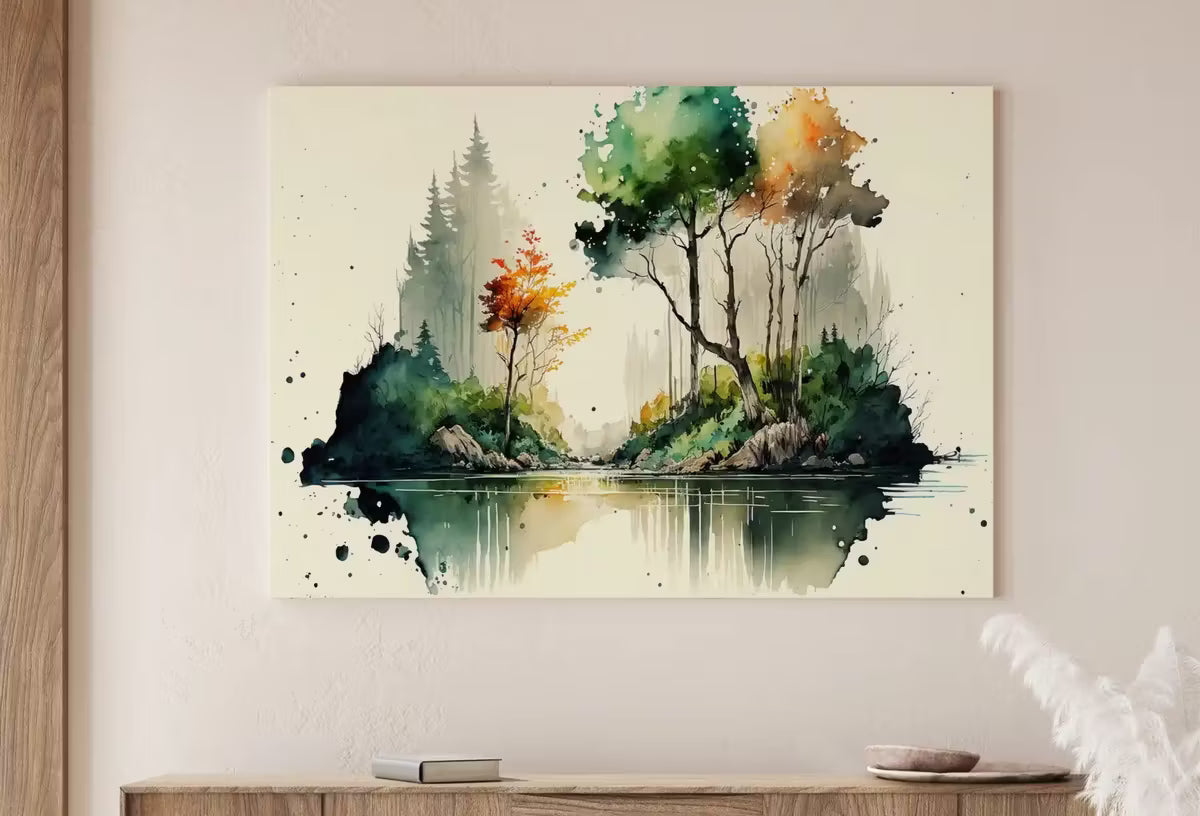 Minimalist Forest & River Landscape Printable. Green Forest Trees Watercolor Painting Print. Printable Wall Art. Digital Art. Nature Decor. – Printable Wall Art