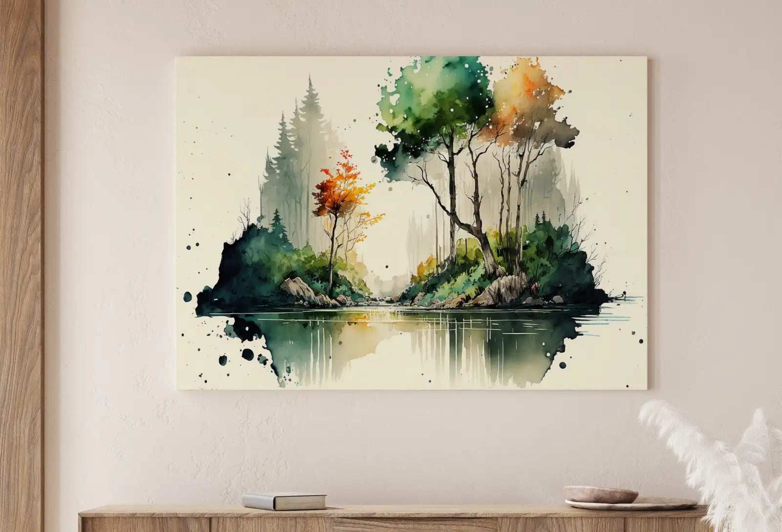 Second included artwork preview from Minimalist Forest & River Landscape Printable. Green Forest Trees Watercolor Painting Print. Printable Wall Art. Digital Art. Nature Decor. featuring various scenes.