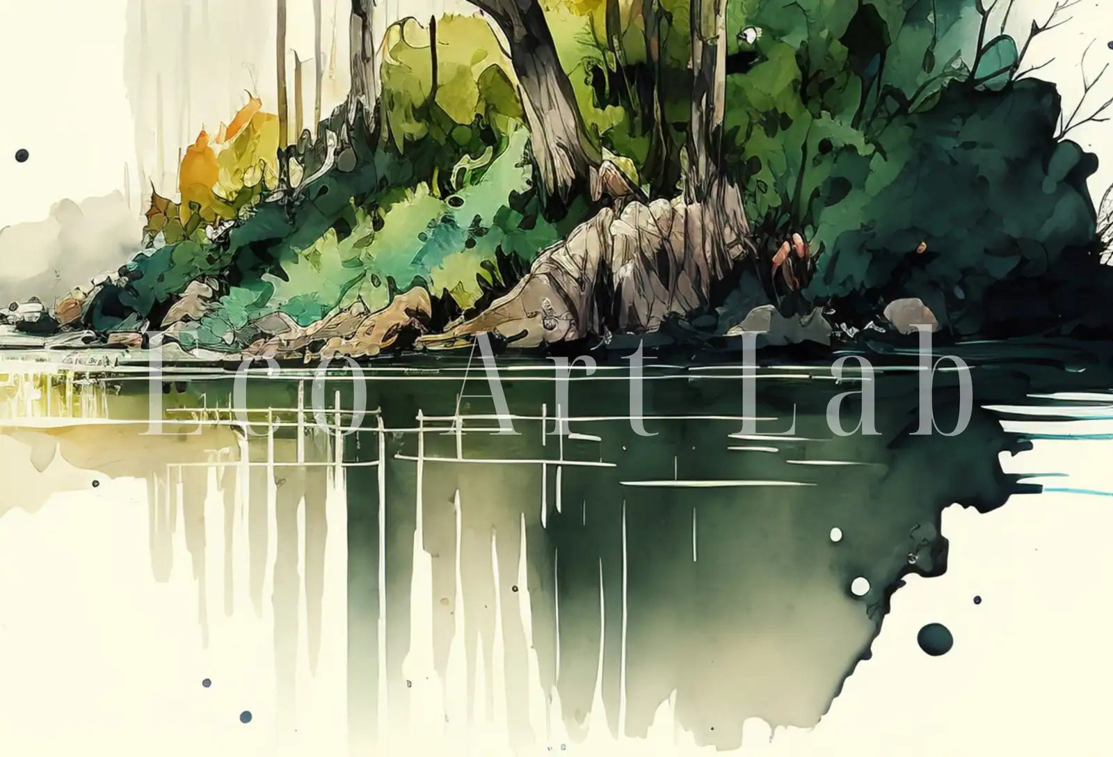 Detail view of artwork from Minimalist Forest & River Landscape Printable. Green Forest Trees Watercolor Painting Print. Printable Wall Art. Digital Art. Nature Decor.. (variation 1)