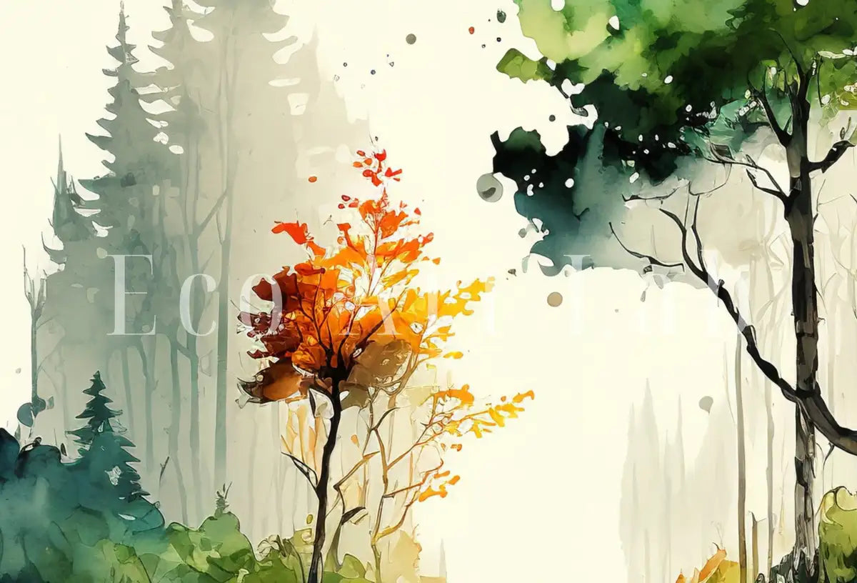 Detail view of artwork from Minimalist Forest & River Landscape Printable. Green Forest Trees Watercolor Painting Print. Printable Wall Art. Digital Art. Nature Decor.. (variation 2)