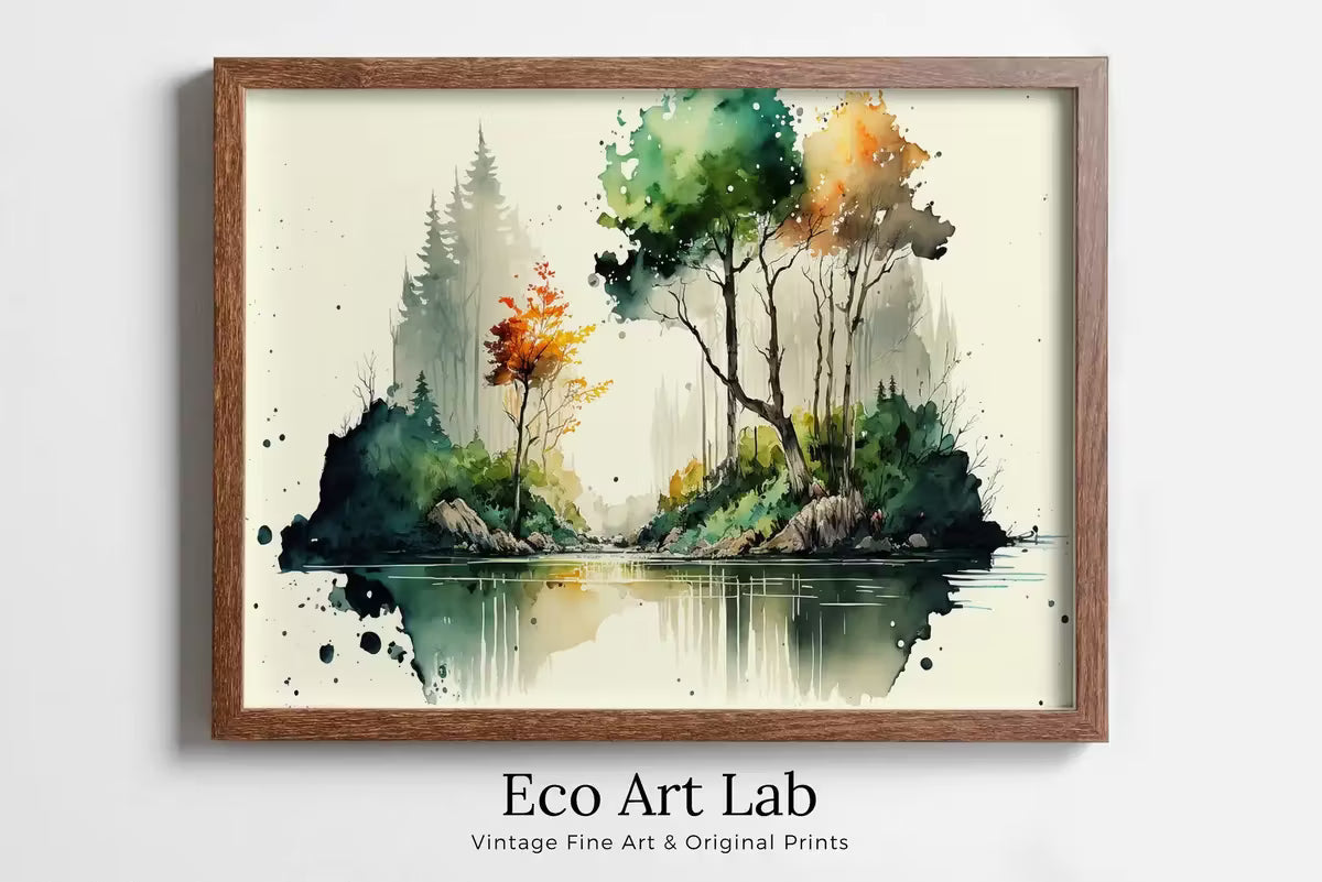 Minimalist Forest & River Landscape Printable. Green Forest Trees Watercolor Painting Print. Printable Wall Art. Digital Art. Nature Decor. – Printable Wall Art