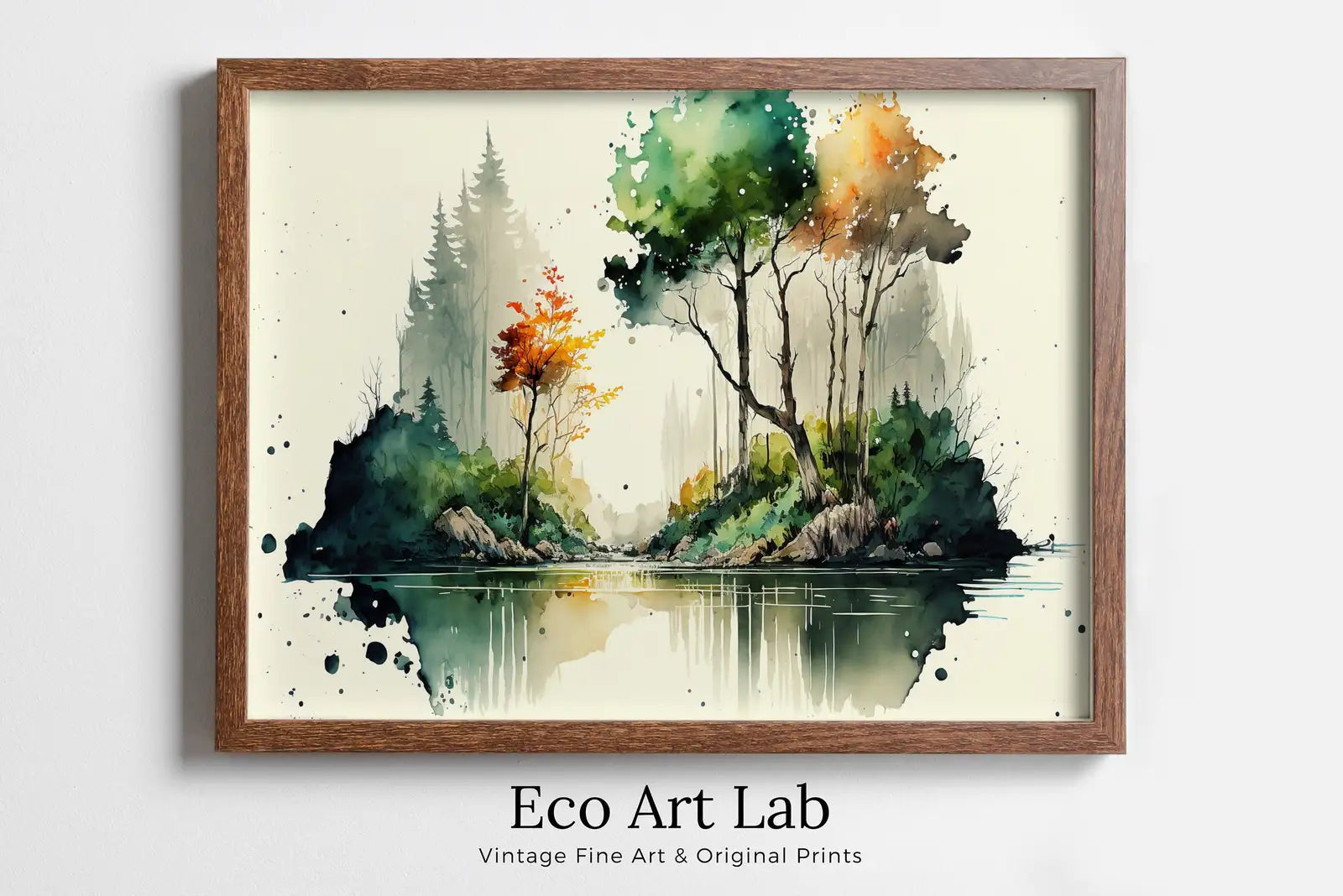 Framed view of Minimalist Forest & River Landscape Printable. Green Forest Trees Watercolor Painting Print. Printable Wall Art. Digital Art. Nature Decor. – printable wall art digital download.