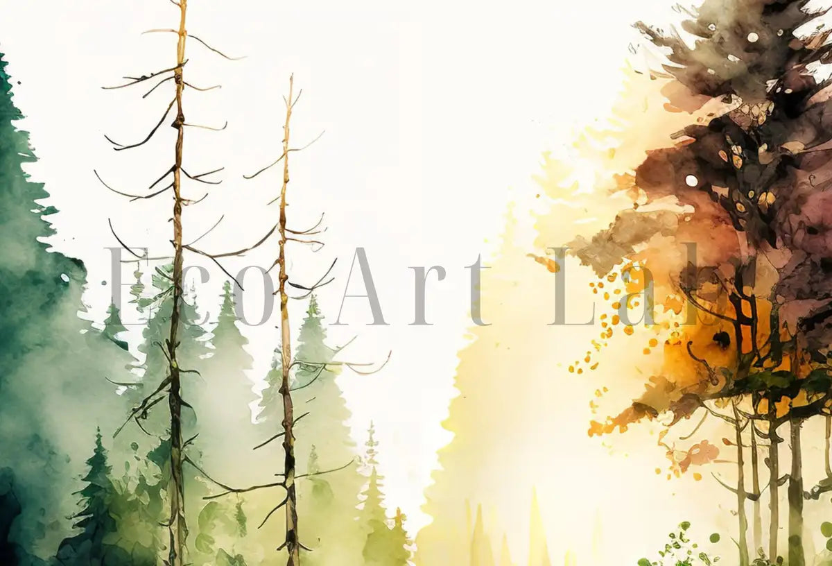 Detail view of artwork from Minimalist Forest Trees Painting Print. Printable Wall Art. Nature Decor. Watercolor Abstract Forest Landscape Printable. Forest Digital Art. (variation 2)