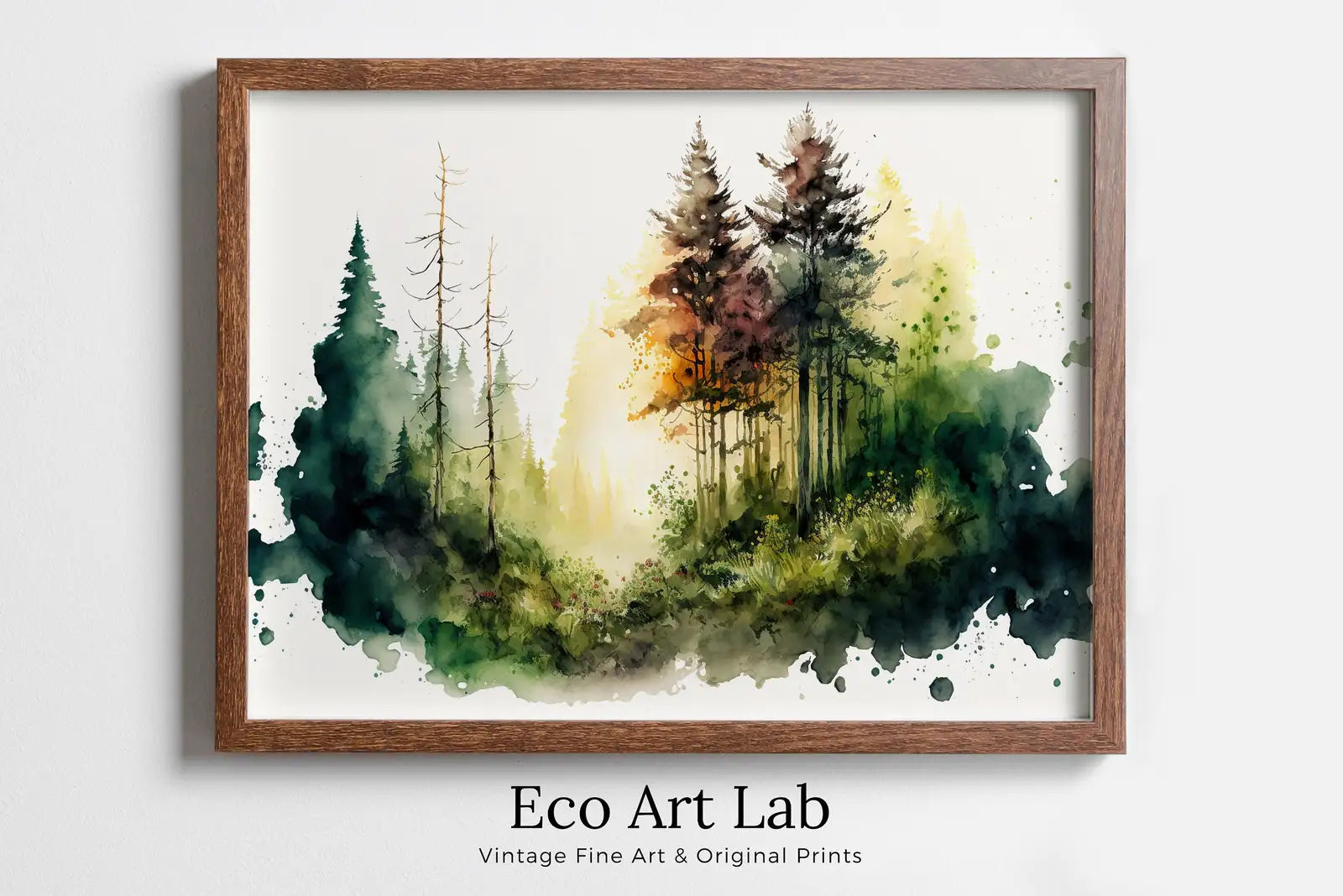 Framed view of Minimalist Forest Trees Painting Print. Printable Wall Art. Nature Decor. Watercolor Abstract Forest Landscape Printable. Forest Digital Art – printable wall art digital download.