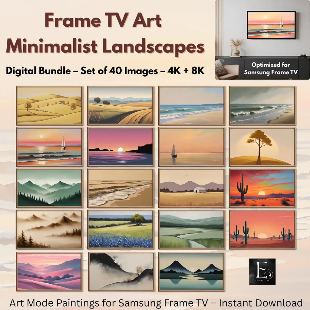 Minimalist Landscape Painting – Samsung Frame TV Art Set – Japandi Wall Art, Coastal Decor, Boho, Neutral Minimalist Wall Art Set of 40 – Frame TV Art Set