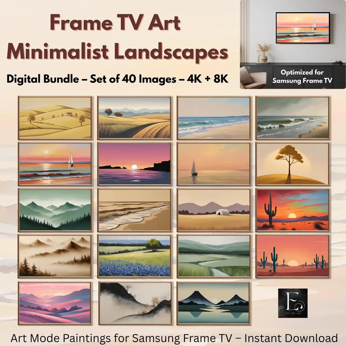 Minimalist Landscape Painting – Samsung Frame TV Art Set – Japandi Wall Art, Coastal Decor, Boho, Neutral Minimalist Wall Art Set of 40 – Frame TV Art Set