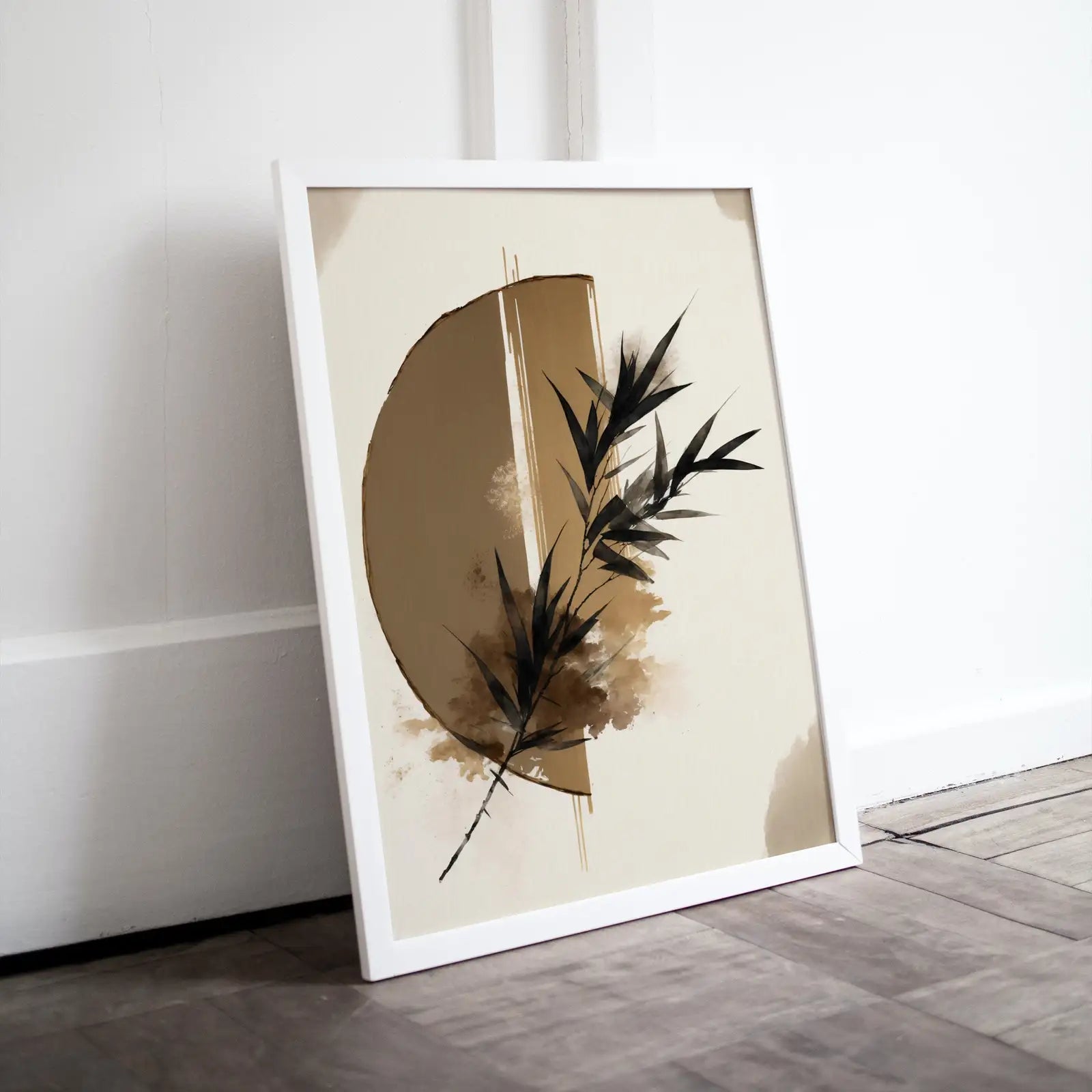 Framed view of Minimalist Zen Wall Decor, Printable Wall Art. Half Moon Modern Neutral Abstract. Black & Beige Wabi Sabi Abstract Print. Japandi Wall Art – printable wall art digital download.