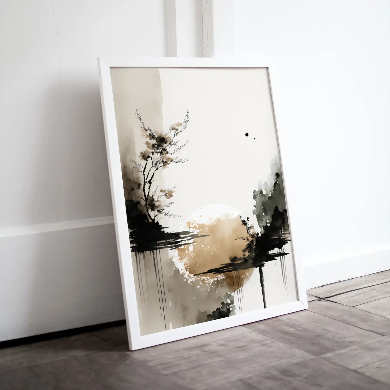Framed view of Minimalist Zen Wall Decor. Printable Wall Art. Modern Neutral Abstract. Black & Beige Wabi Sabi Abstract Print. Japandi Wall Art – printable wall art digital download.