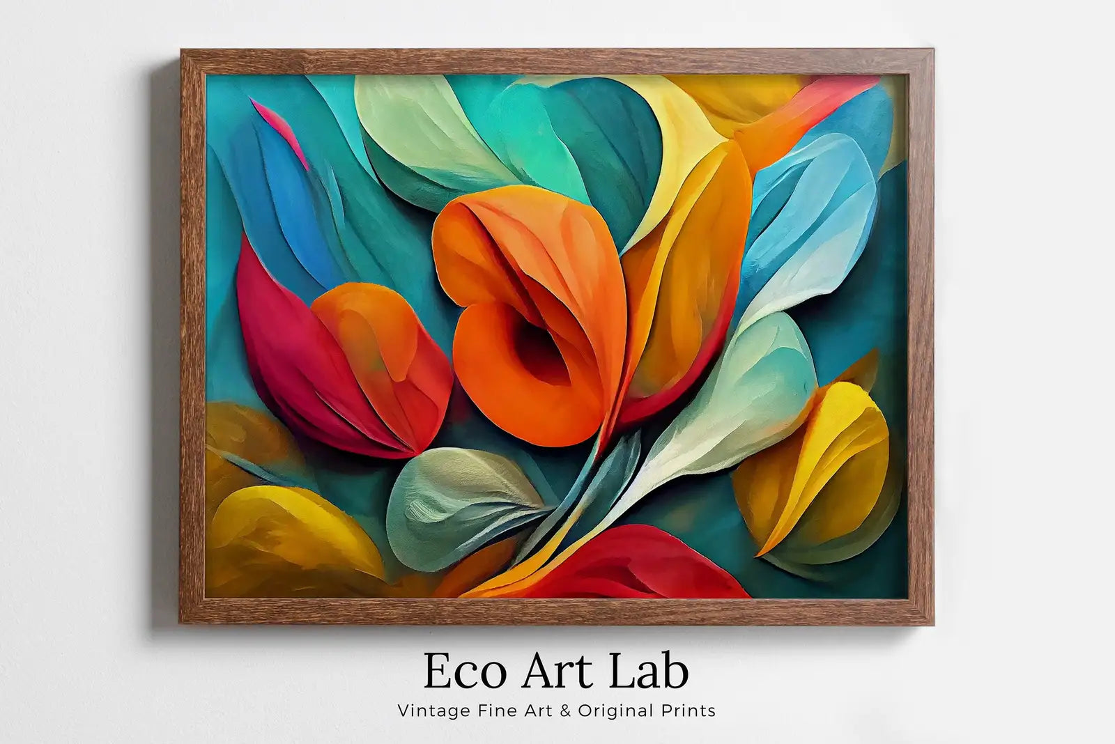 Framed view of Modern Abstract Floral Print Digital Painting. Printable Wall Art. Colorful Abstract Flower Petals Botanical Art Print. Downloadable Art – printable wall art digital download.