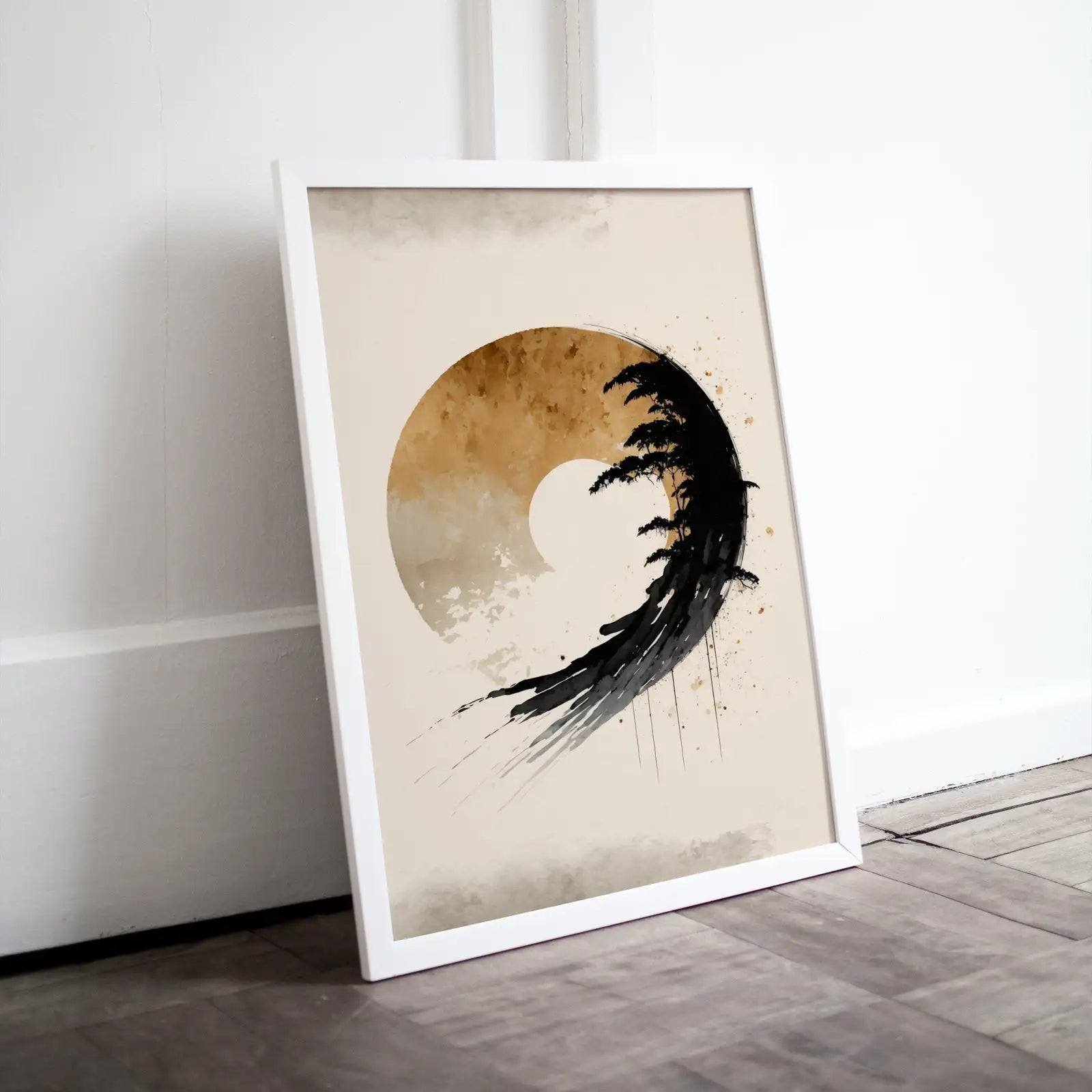 Framed view of Modern Neutral Abstract Printable Wall Art. Black & Beige Wabi Sabi Abstract Print. Minimalist Zen Wall Decor. Japandi Wall Art – printable wall art digital download.