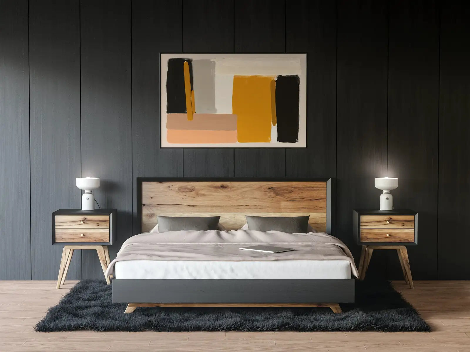Framed view of Modern Neutral Abstract Printable Wall Art. Minimalist Neutral Brushstroke Art. Black Beige & Yellow Abstract Prints. Japandi Wall Decor. – printable wall art digital download.