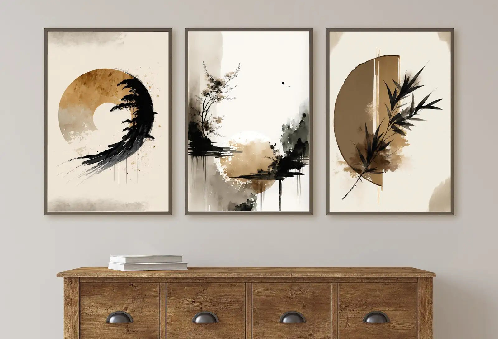 Modern Neutral Abstract Printable Wall Art Set of 3. Black & Beige Wabi Sabi Abstract Prints, Minimalist Zen Gallery Wall, Japandi Wall Art – Printable Wall Art Set (Digital Download)