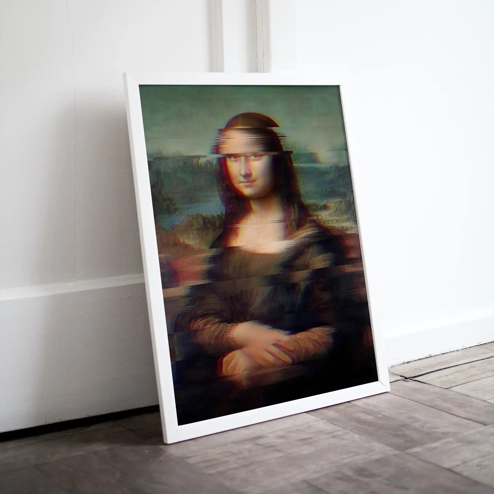 Included artwork preview showing first selection of artworks from Mona Lisa Glitch Art Altered Classic Painting. Surreal Portrait Painting Downloadable Print. Altered Vintage Famous Painting Printable Art.