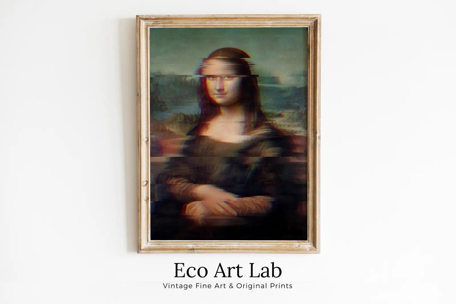 Framed view of Mona Lisa Glitch Art Altered Classic Painting. Surreal Portrait Painting Downloadable Print. Altered Vintage Famous Painting Printable Art – printable wall art digital download.