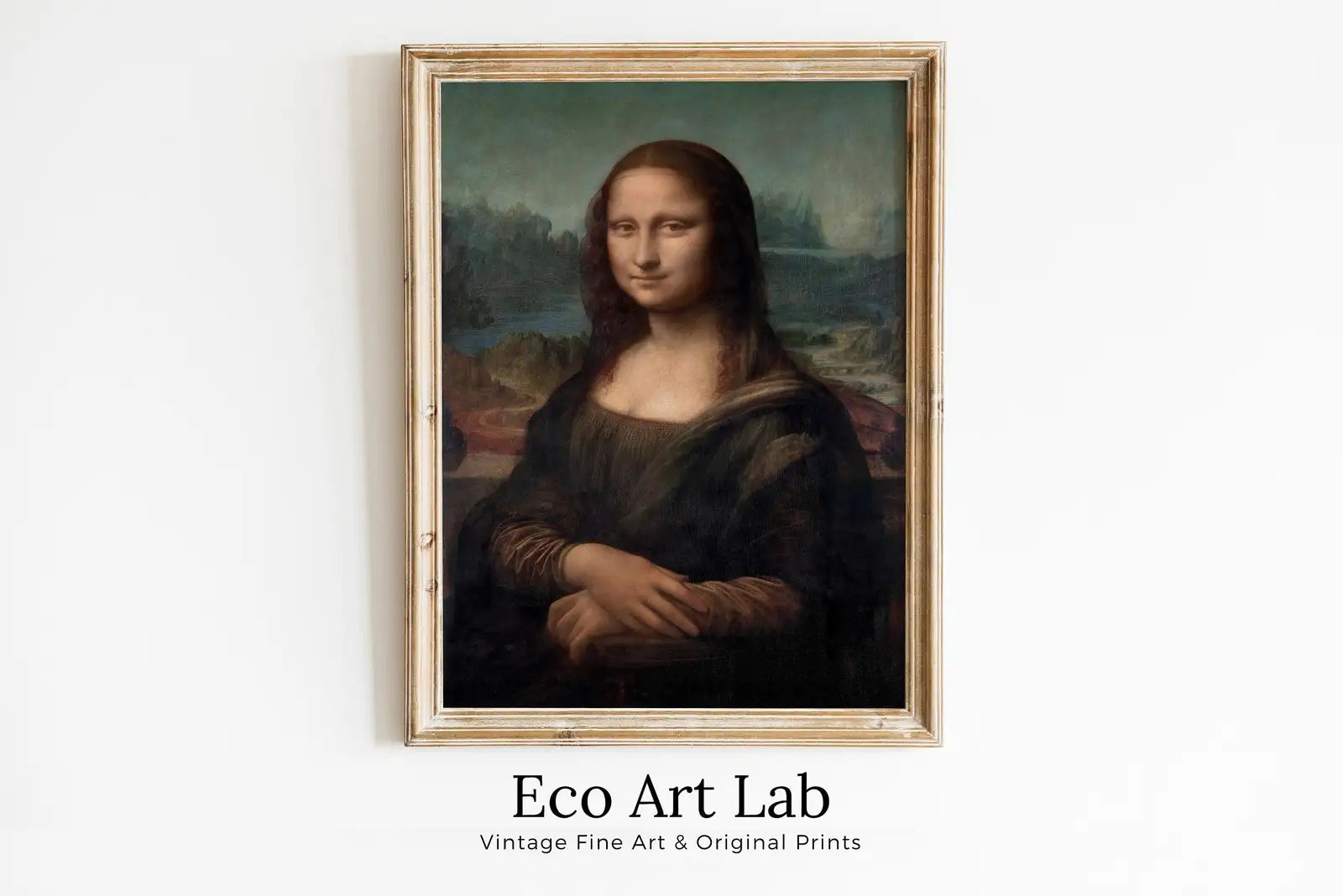 Framed view of Mona Lisa Painting Printable Wall Art. Leonardo da Vinci Vintage Classic Portrait Print. Famous Printable Painting Instant Download Fine Art – printable wall art digital download.