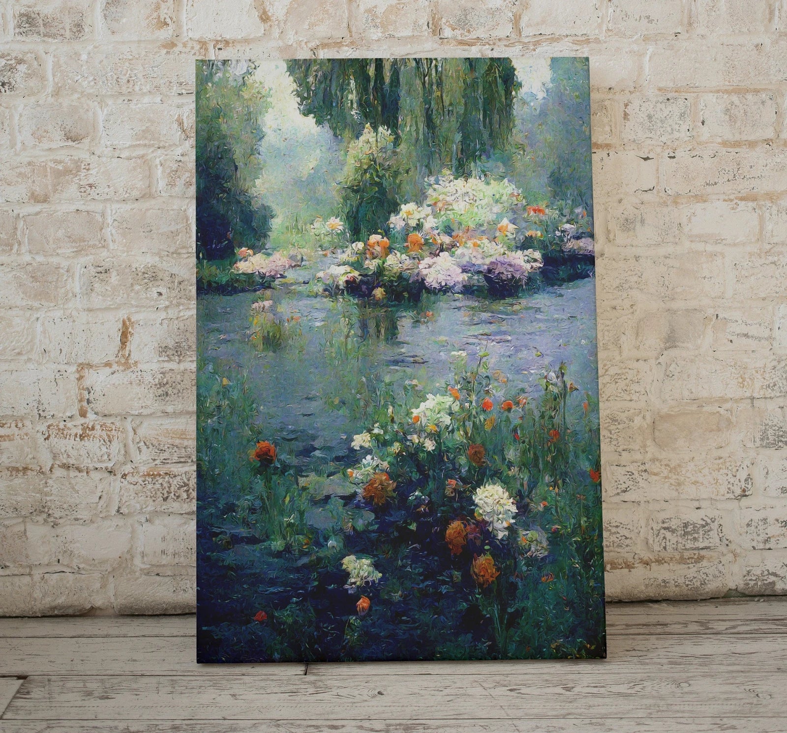 Detail view of artwork from Monet Inspired Flowers on River Digital Painting. Instant Download Floral Decor. Monet Botanical Print Printable Wall Art. Abstract Decor. (variation 1)