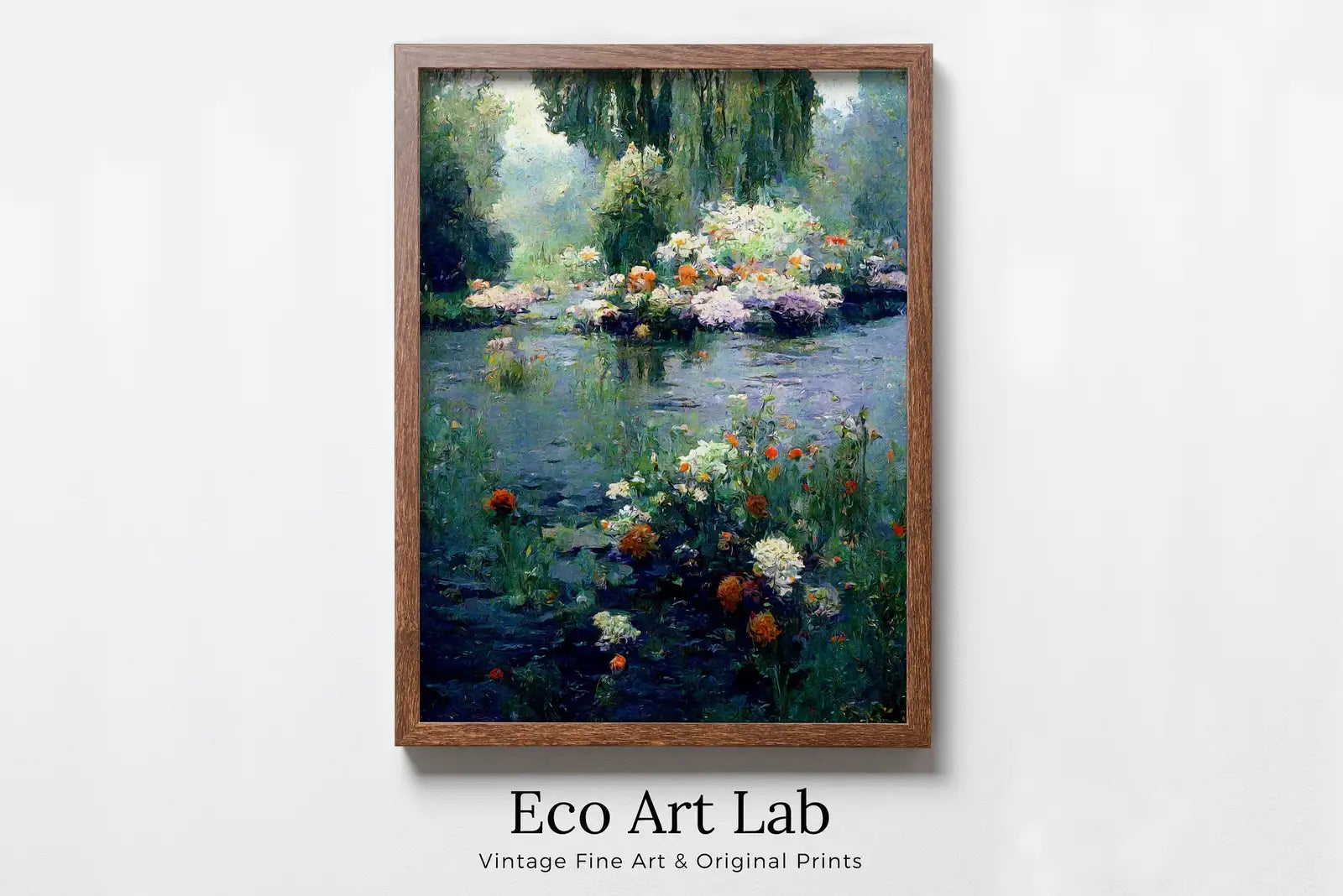 Framed view of Monet Inspired Flowers on River Digital Painting. Instant Download Floral Decor. Monet Botanical Print Printable Wall Art. Abstract Decor – printable wall art digital download.