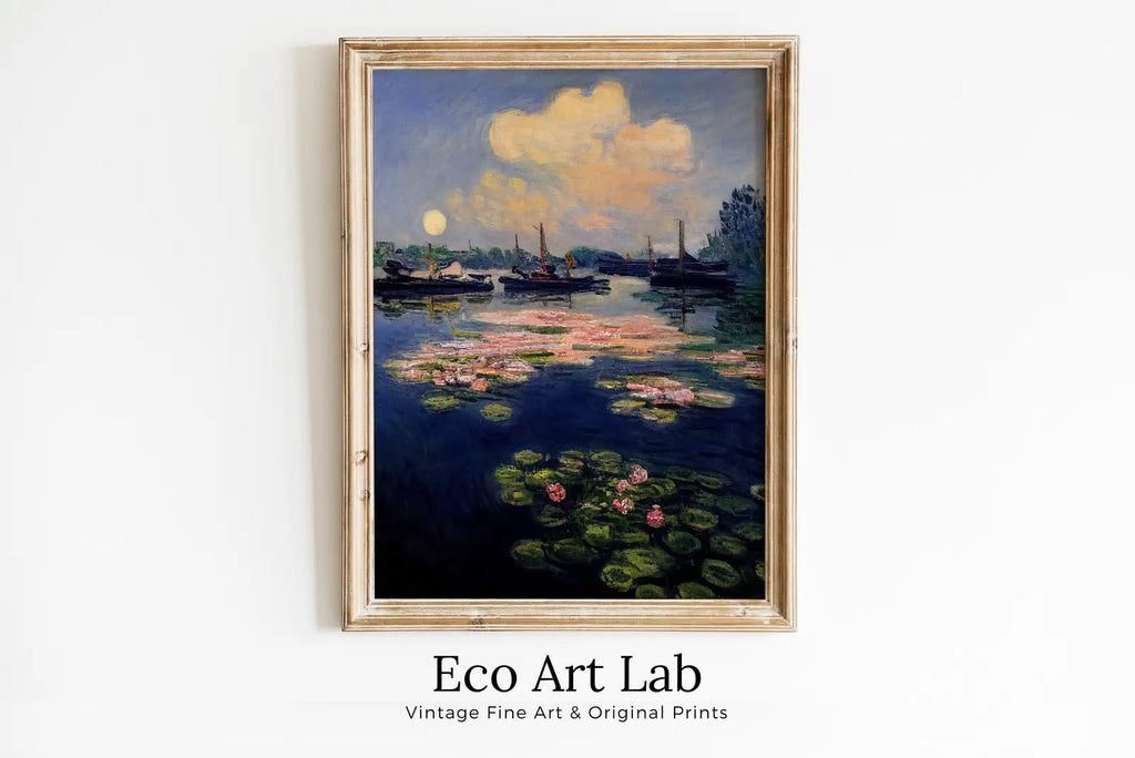 Framed view of Monet Inspired Lilies on Lake View Digital Painting. Instant Download Floral Decor. Monet Botanical Print Printable Wall Art. Abstract Decor – printable wall art digital download.