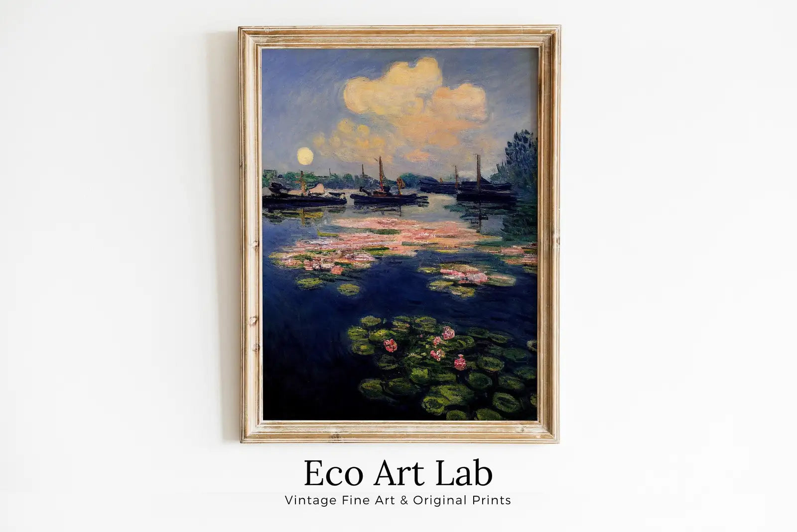 Framed view of Monet Inspired Lilies on Lake View Digital Painting. Instant Download Floral Decor. Monet Botanical Print Printable Wall Art. Abstract Decor – printable wall art digital download.
