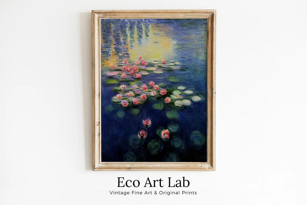 Framed view of Monet Inspired Water Lilies Pond Digital Painting. Instant Download Floral Decor. Monet Botanical Print Printable Wall Art. Abstract Decor – printable wall art digital download.