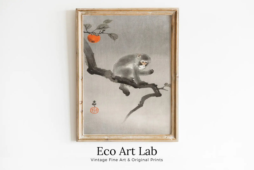 Framed view of Monkey Print Vintage Japanese Poster Wall Art. Instant Download Monkey Sitting on Branch Japanese Painting. Printable Japanese Monkey Art – printable wall art digital download.