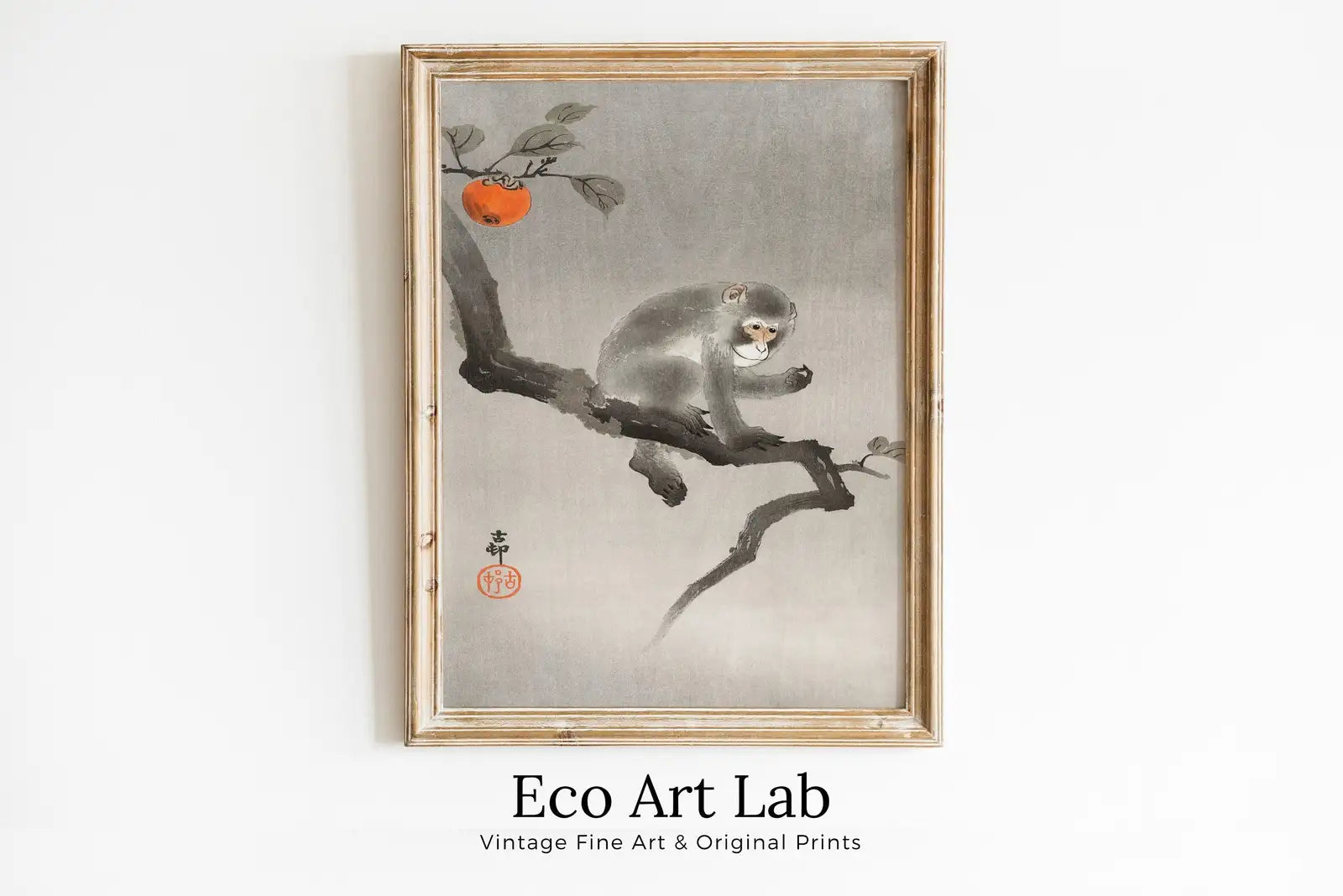Framed view of Monkey Print Vintage Japanese Poster Wall Art. Instant Download Monkey Sitting on Branch Japanese Painting. Printable Japanese Monkey Art – printable wall art digital download.