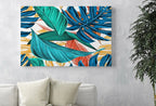Detail view of artwork from Monstera and Palm Leaf Wall Art. Colorful Botanical Prints Instant Download Tropical Wall Decor. Printable Leaf Painting, Tropical Foliage. (variation 1)
