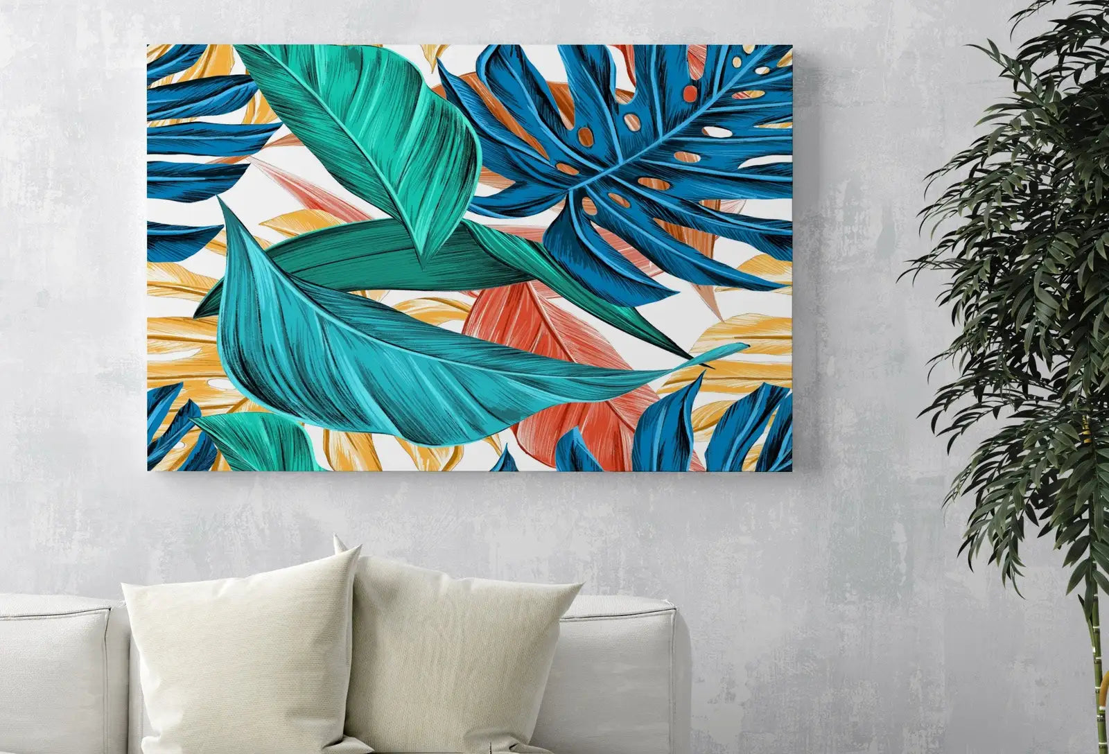 Detail view of artwork from Monstera and Palm Leaf Wall Art. Colorful Botanical Prints Instant Download Tropical Wall Decor. Printable Leaf Painting, Tropical Foliage. (variation 1)